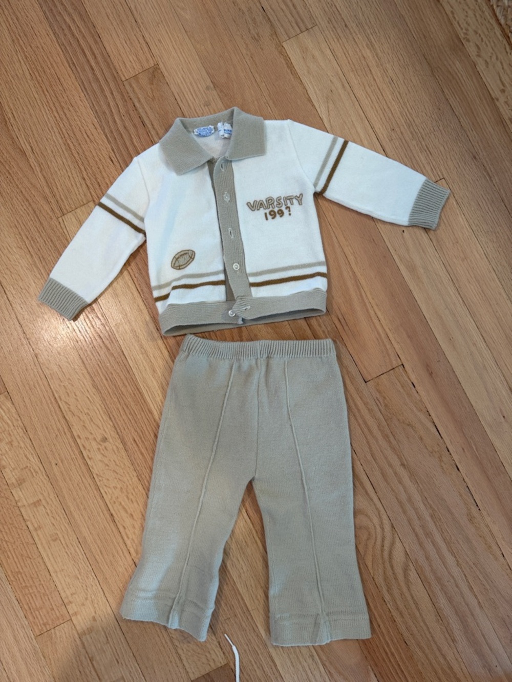 Vintage Cream Knit Baby Cardigan Set embroidered “ Varisity 199?”